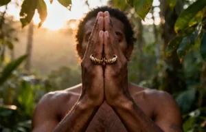 Manos en oración antes de la ceremonia de Ayahuasca Yagé en Colombia.