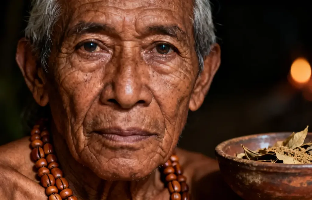 Primer plano de Taita Inga sabio con collar tradicional