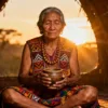 Taita mujer indígena mayor en maloca sosteniendo cuenco de Yagé.