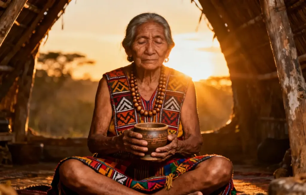 Taita mujer indígena mayor en maloca sosteniendo cuenco de Yagé.