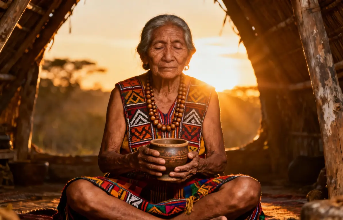 Taita mujer indígena mayor en maloca sosteniendo cuenco de Yagé.