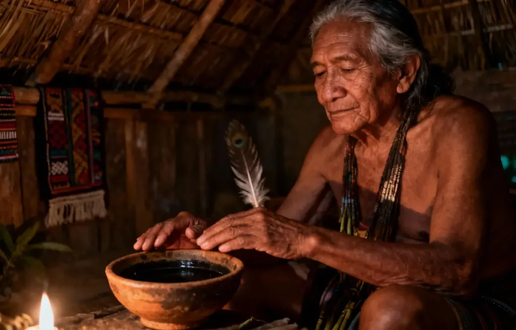 Taita Inga, anciano, chamán, maloca, ayahuasca, ceremonia, sabiduría ancestral, sanación.